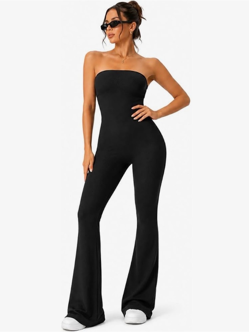 High-Waist Ribbed Black Jumpsuit Flared Pants